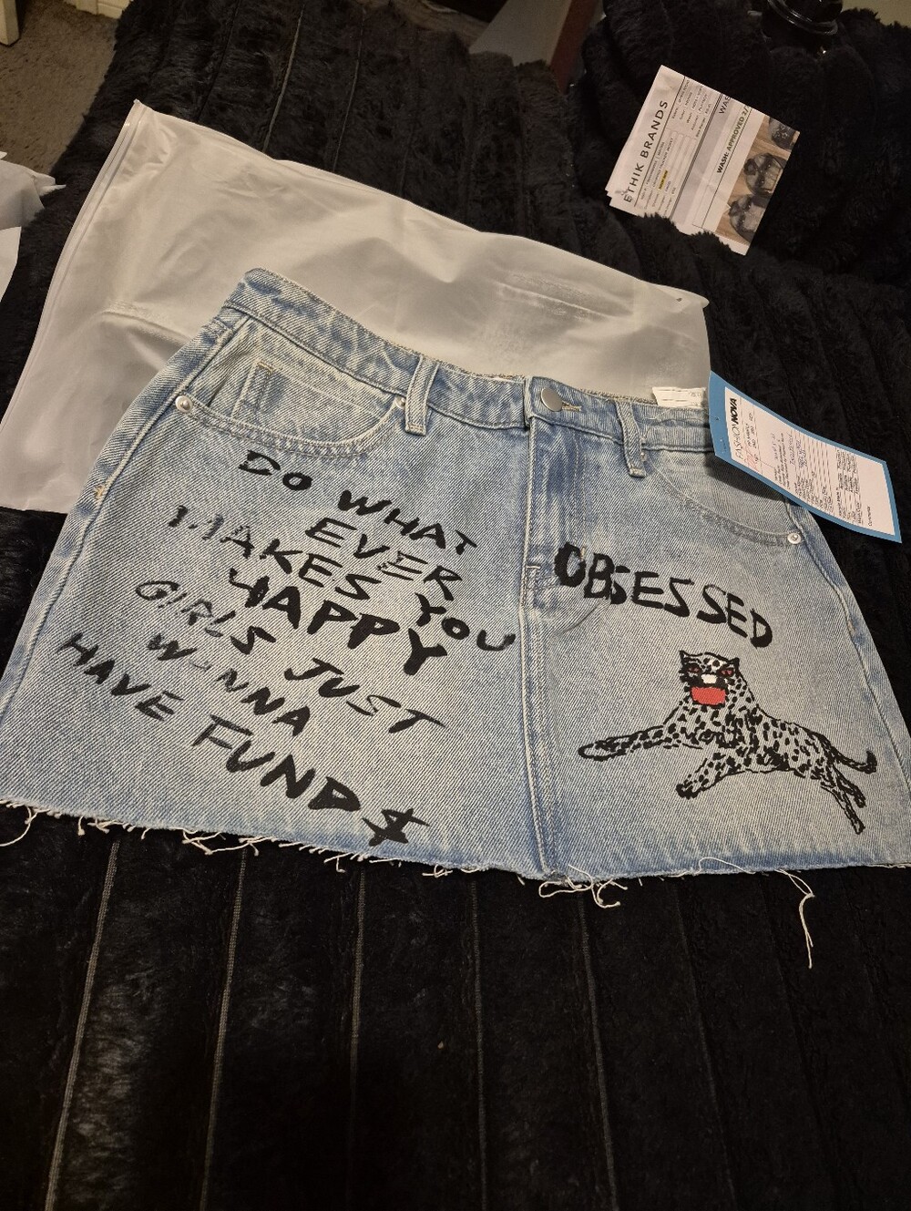 Denim Mini Skirt with Black Graphic Print